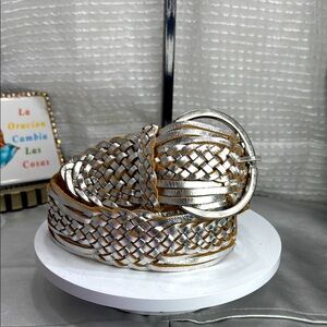 (H) Women's vintage braided silver and tan leather belt, size M